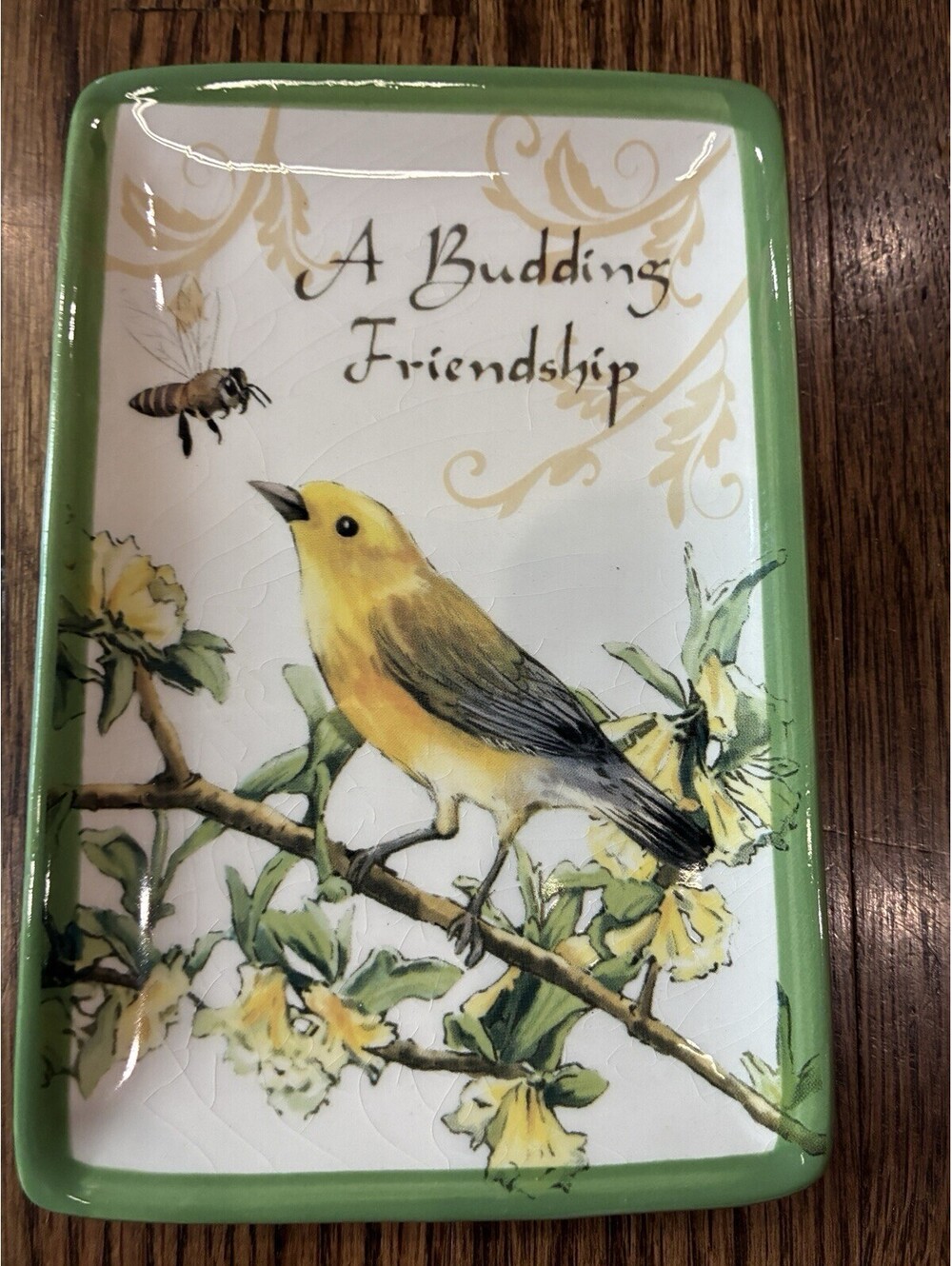 Cracker Barrel Ceramic Rectangle Dish Bird Green Rim "A Budding Friendship"